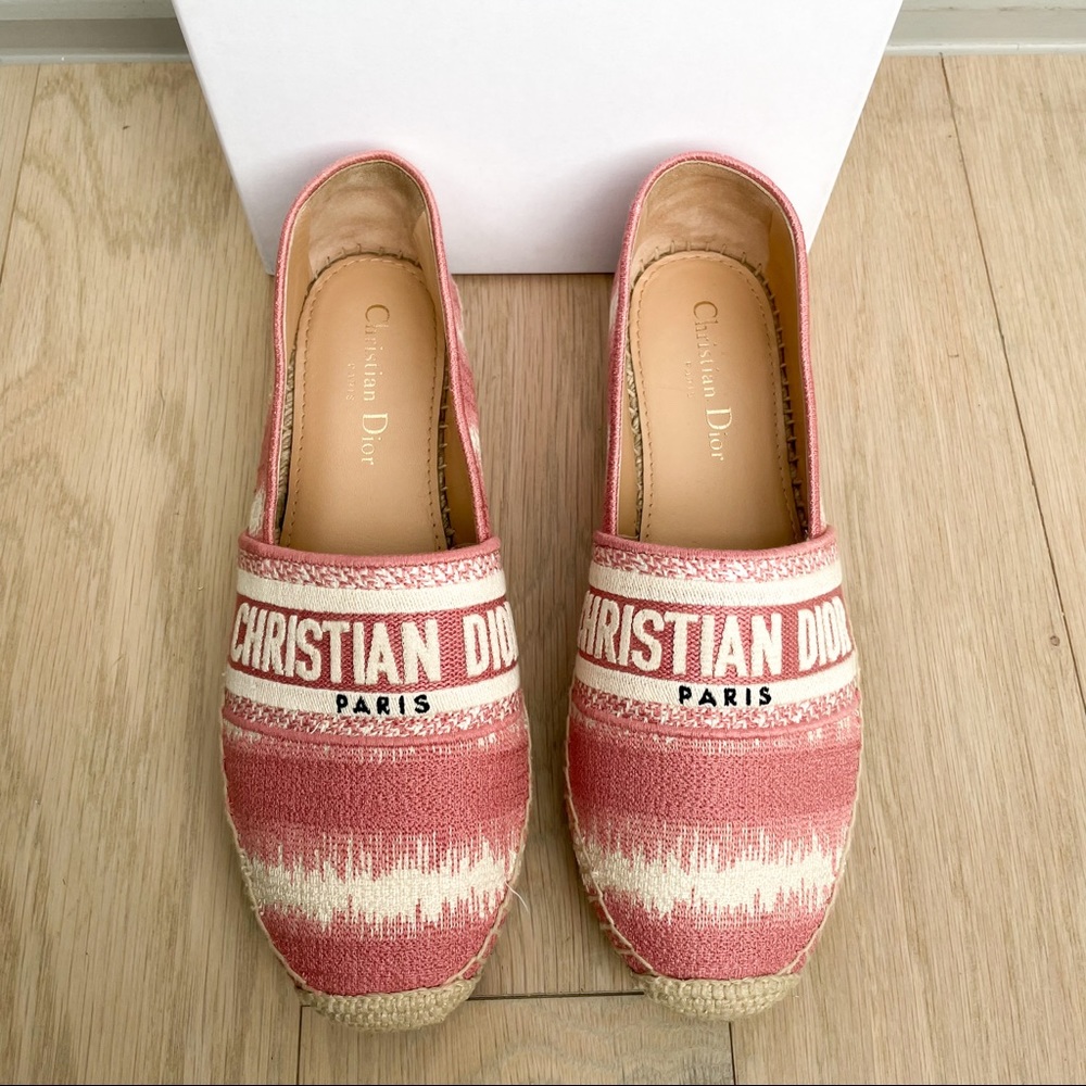 Dior Pink Granville Embroidered D Stripe Cotton Espadrille Flats - Picture 1 of 6